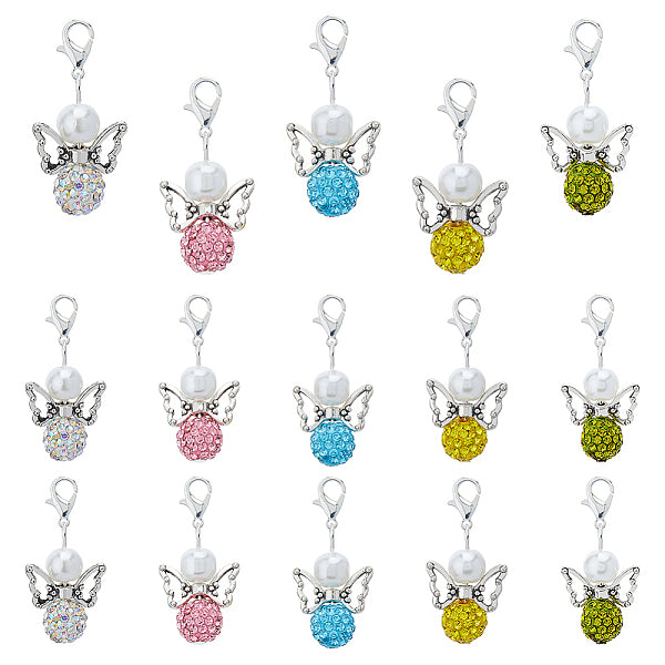 6 Sets Angel Polymer Clay & Glass Rhinestone Bead Pendant Decoration