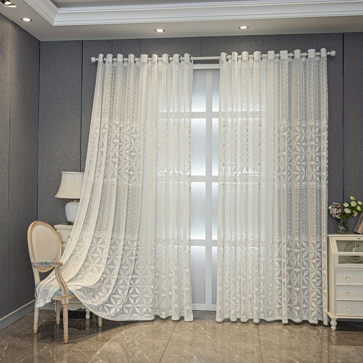 TEMU 2panels White Transparent Curtains, Top Cable Ring Hanging, Soft Jacquard Light And Breathable, Suitable For Living Room Bedroom Balcony Office