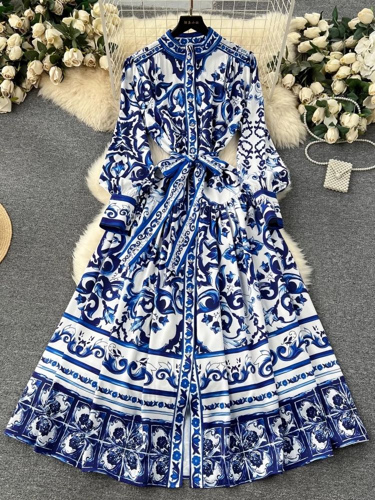 Runway Red Blue And White Porcelain Print Holiday Maxi Dress Women&#039;s Stand Single Breasted Loose Lace Up Belt Long Robe Vestido