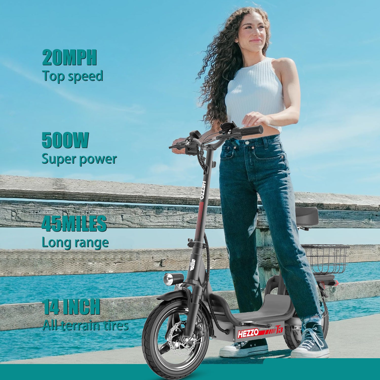 Hot Selling Hezzo T3 14Inch Foldable Electric Commute Scooter 48V 500W 15Ah 20MPH, 32-37Miles Range Escooter With Seat and Basket Escooter USA EU UK