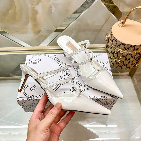 with box famous heel womens Sandals Valentine&#039;s low high heel kitten Open toe Slingback black sliver pink Heels rivets Sandal Slides de