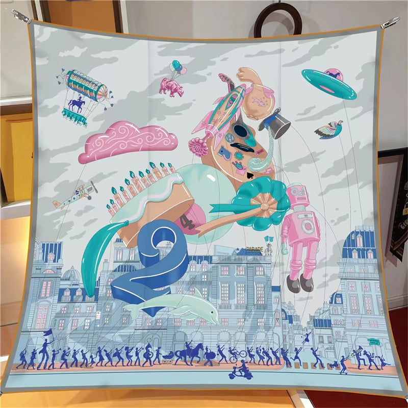 Silk Scarf Women Balloon Splicing Horse Printing Square Scarves Head Echarpes Silk Foulards Fashion Femme Wraps Beach Shawls Bandana Lady Hijabs 90C