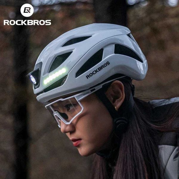 Cycling Helmets ROCKBROS Bicycle Light Helmet Type-C Rechargeable Front + Rear Light Warning Bike Helmet Head Safety MTB Road Cycling Helmet