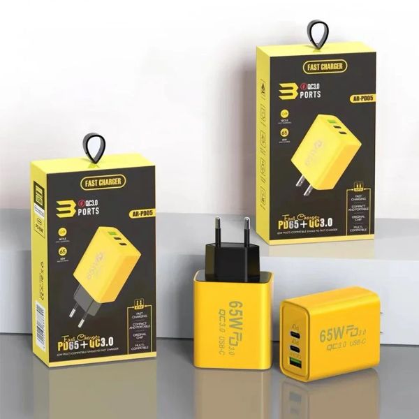 65W 3 Ports GaN USB PD Mobile Phone Chargers USB C To Type C High-speed Charging Data Cable Cord QC3.0 Cellphone Wall Adapter