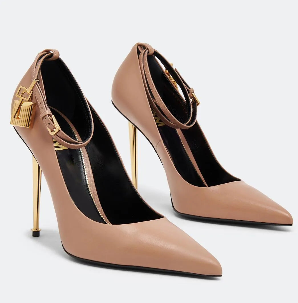 Summer Design TomXford Sandals Shoes Padlock Women High Heels Crystal Stones Pointy Lock & Key Party Dress Gladiator Pumps EU35-43 Original Box