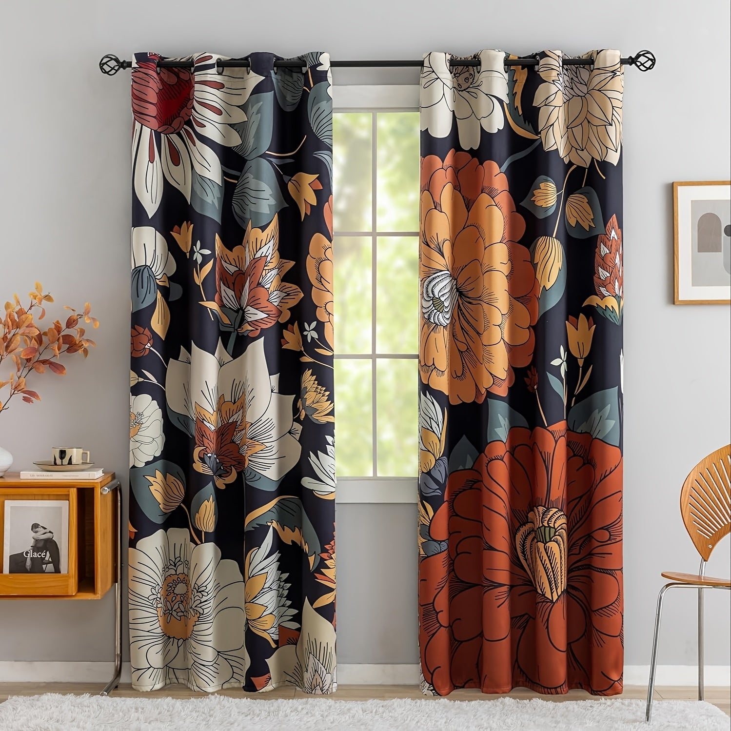 TEMU Black Boho Floral 100% Blackout Curtains For Bedroom 2 Panels Mid Century Botanical Black Out Curtains For Living Room Grommet Thermal Insulated