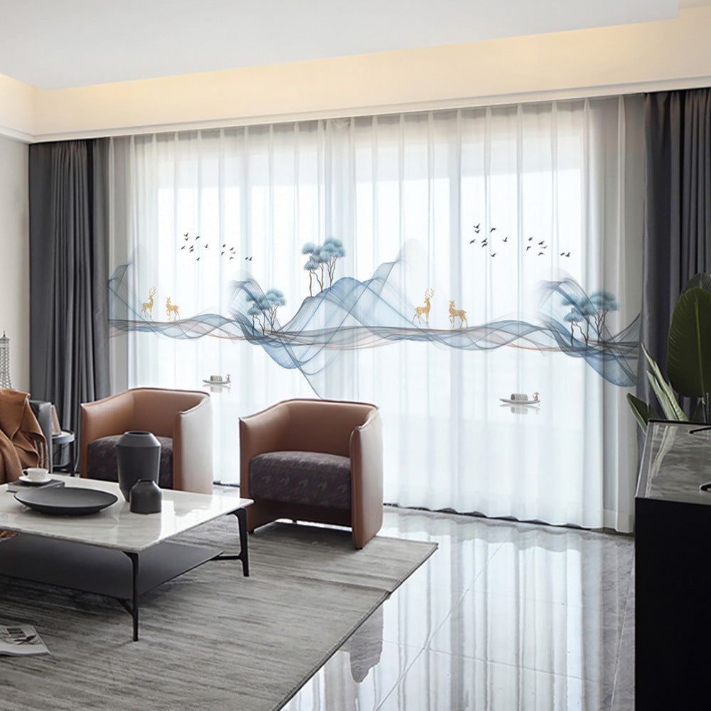 YL-36601 New Chinese style gauze curtain ink landscape painting curtain Chinese style 2025 new living room partition curtain light-transmitting