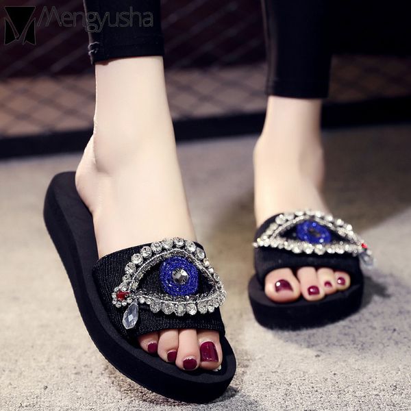 Crystal New eye elastic slides woman outdoor open toe flipps beach flat slippers ladies jeweled platform wedges sandals