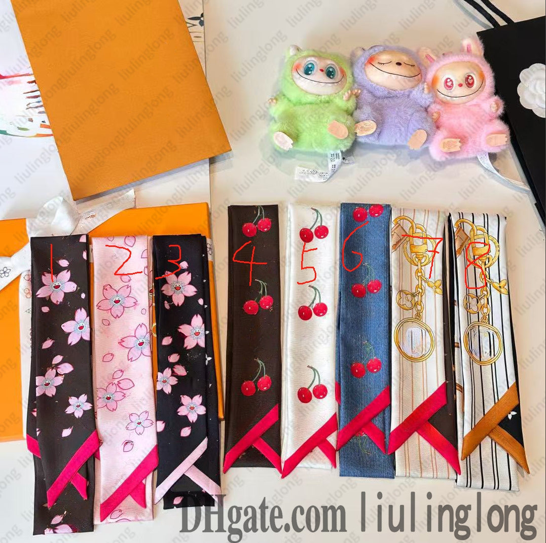 Letters Print Floral Silk Scarf Headband for Women Fashion Long Handle BagScarves Shoulder Tote Luggage Ribbon Head Wraps Cherry Blossom Bandeau BB