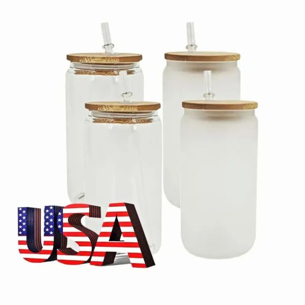 US CA Stock 16oz Sublimation Glass Beer Mugs with Bamboo Lids and Straw Tumblers DIY Blanks Cans Heat Transfer Cocktail Coffee Cups Whiskey