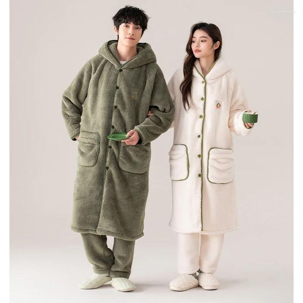 Sleepwear Womens Est Couple Solid Robe Winter Flannel Bathrobe Pant Hooded Home Clothing Thick Warm Men And Women Pijamas Hombre 3XL