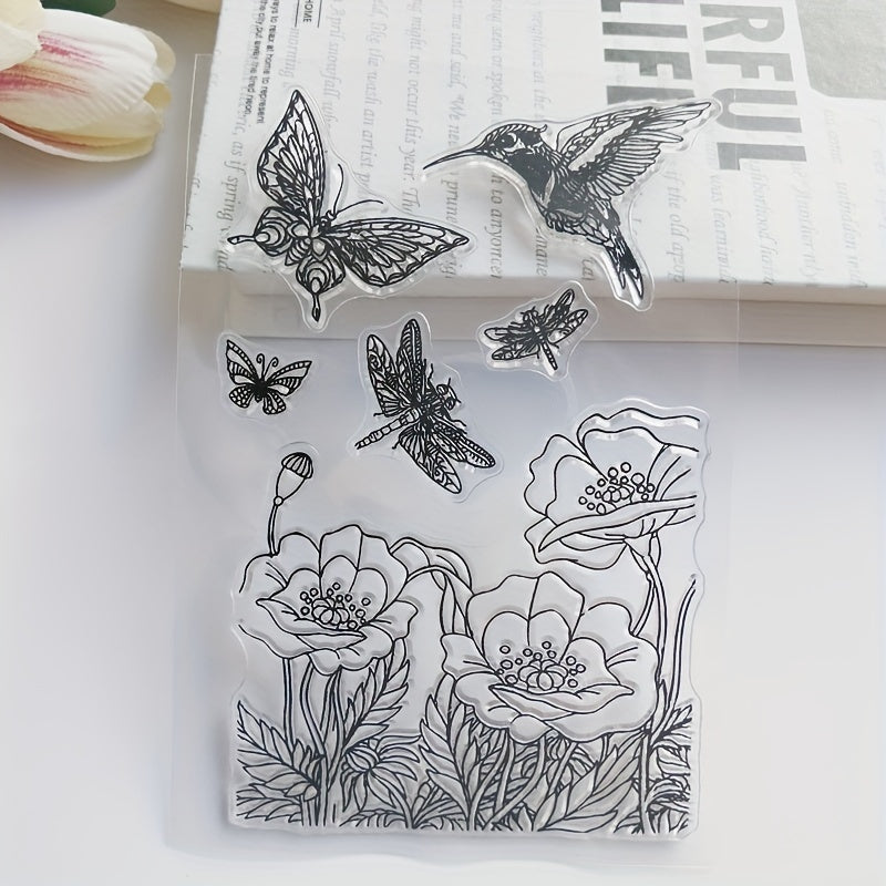 TEMU In Flowers Transparent Stamp, Dragonflies & Hummingbirds For Card Making Decoration And Scrapbooking, Scrapbooking Supplies, Handmade Crafts,