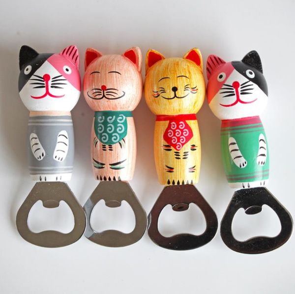 Cat Fridge Magnet Bottle Opener Creative Cartoon Cats Cap Openers Multifunctional Wooden Handle Beer Openers Kitchen Tools Wedding Favor SN4