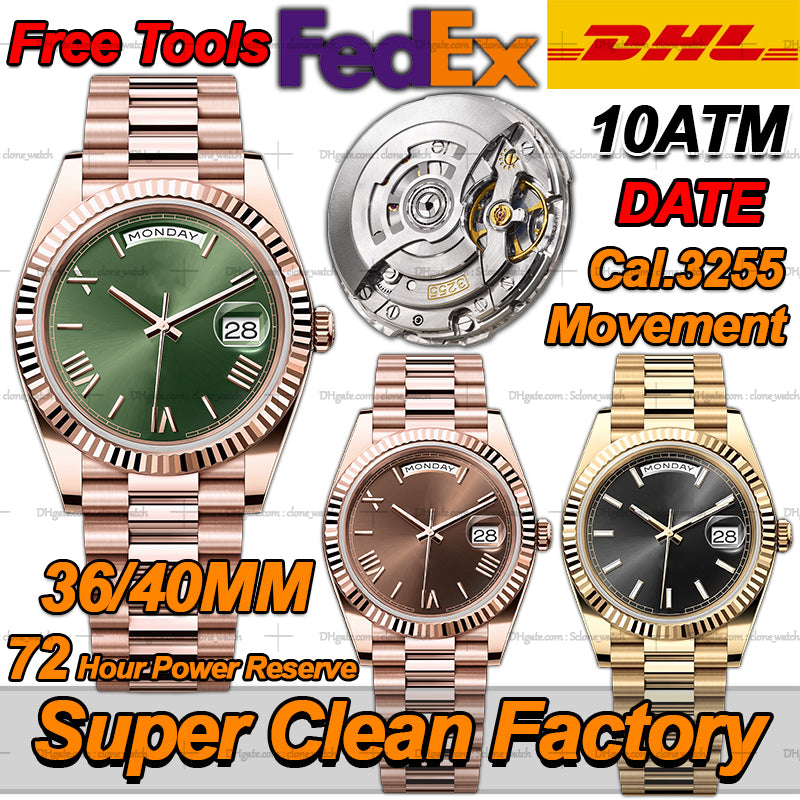 Mens Watches Men Designer Diamonds Watches Top Quality Super Clone Day Date 40MM Clean Factory Watch Automatic Cal.3255 Movement Sapphire Diving 100