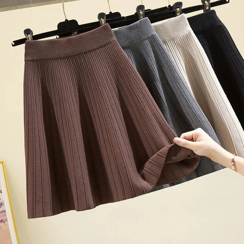 Vintage Knitted Mini Skirts Women High Waist Sweater Pleated Skirt Winter Streetwear Korean Solid All Match A Line Skirts 240802