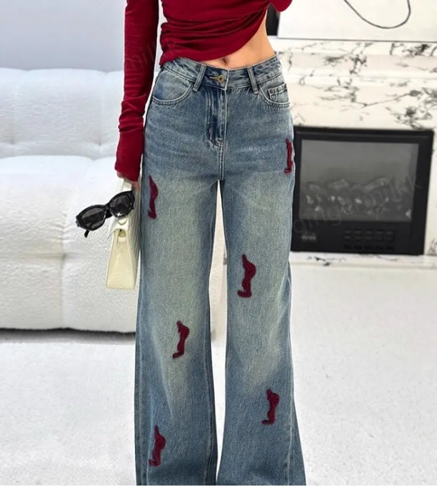 Designer Jeans Women Jeans Denim Pants Embroidery With Zipper Rhinestone Straight Tube Denim