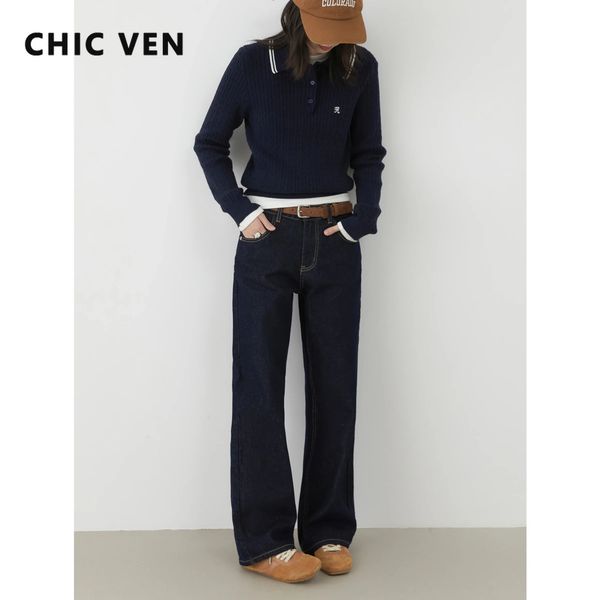 CHIC VEN Women Jeans Streetwear Retro Straight Wide Leg Denim Pant Blue Slimming Female Trousers Spring Autumn 250103