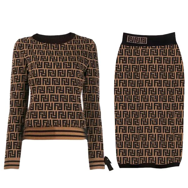 Designer Two Piece Set Women skirt Clothing knitting Pullovers Cardigan Sweater Hip Wrap Autumn and Winter Round neck striped fashion Long S