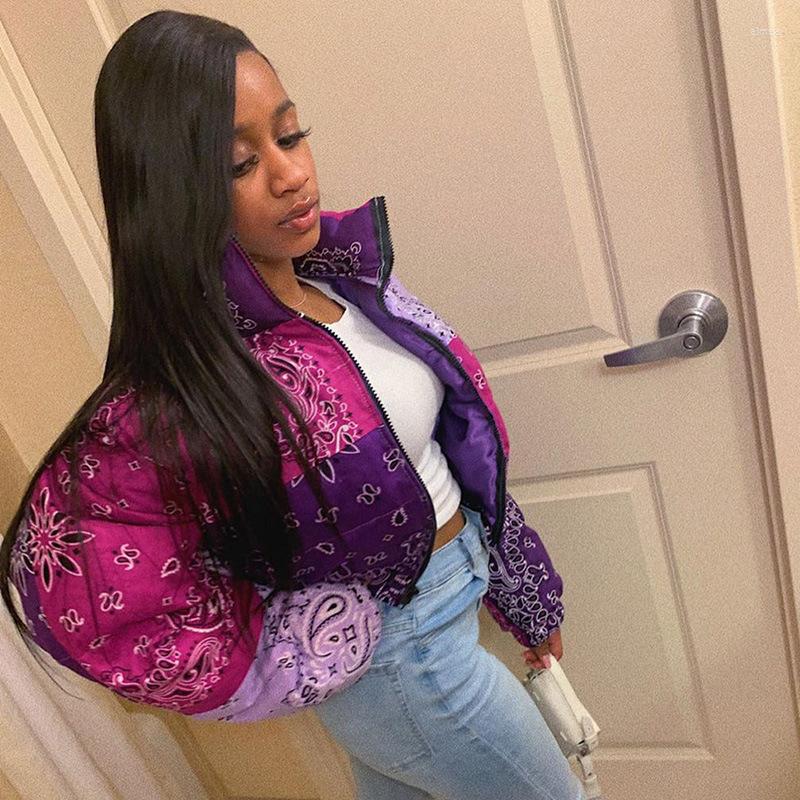 Women&#039;s Trench Coats Women Bandana Print Cropped Puffer Jacket For Winter Coat Fashion Clothing Orange Warm Parkas Outwear Zip Up Bubble