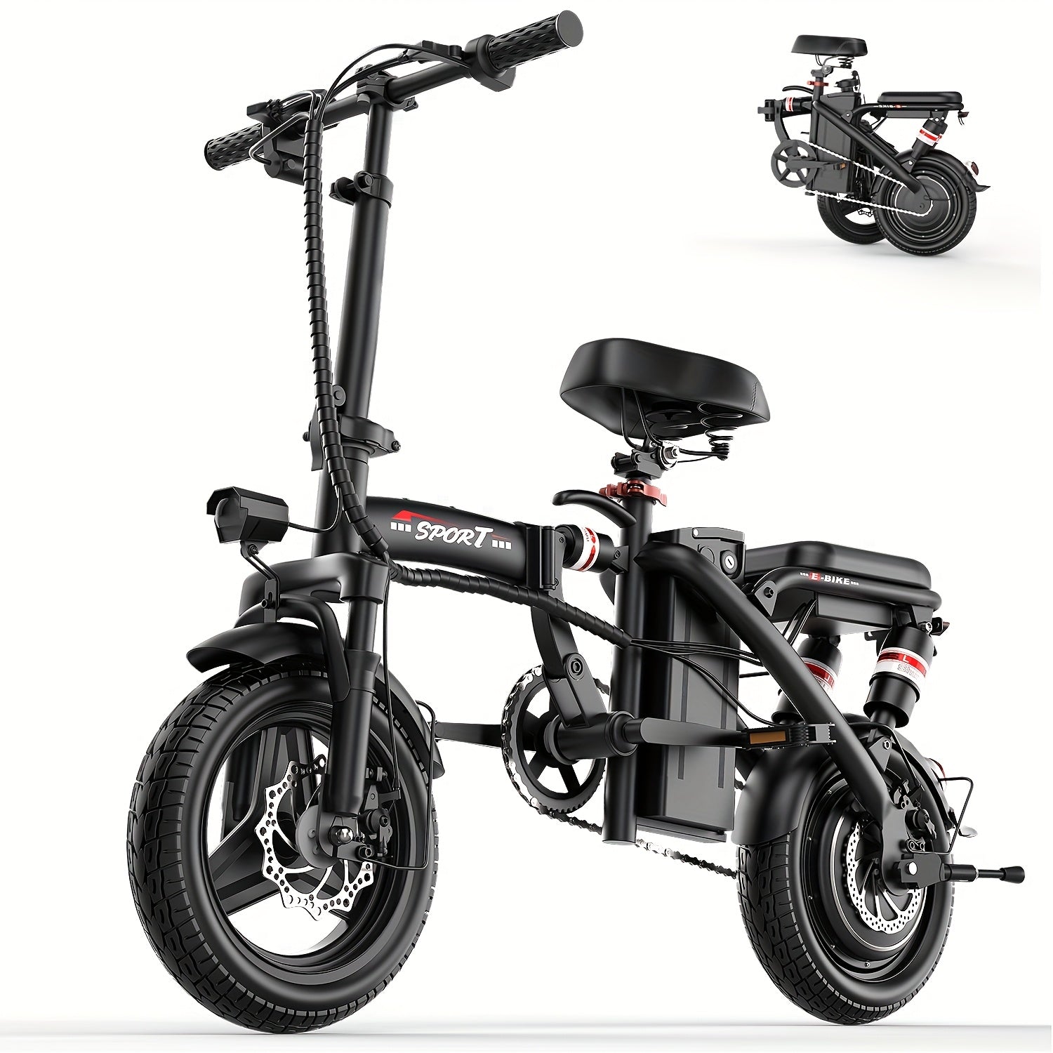 TEMU Foldable Dual Suspension Electric Bike, 500w Motor, 14" Tire Folding Mini Ebikes For Adults, 25 Miles Per Hour Range Commuter Adults Electric