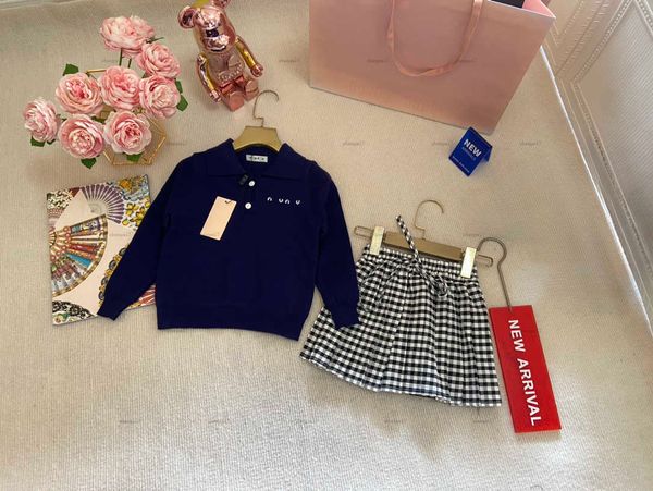 Top girls dress set baby two-piece dress set kids designer clothes POLO shirt design sweater and black and white plaid skirt