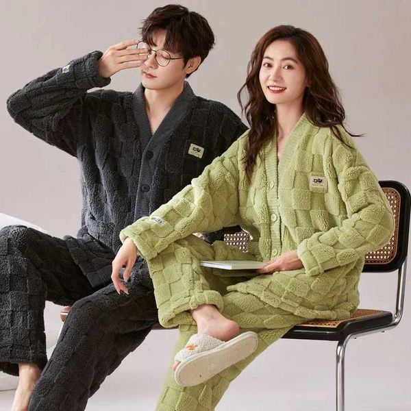 High Quality New Year Gifts Winter Warm Sleepwear for Wen and Men V Neck Cardigan Hewear for Lovers Kimono Nightwear Couples Pjs T241104