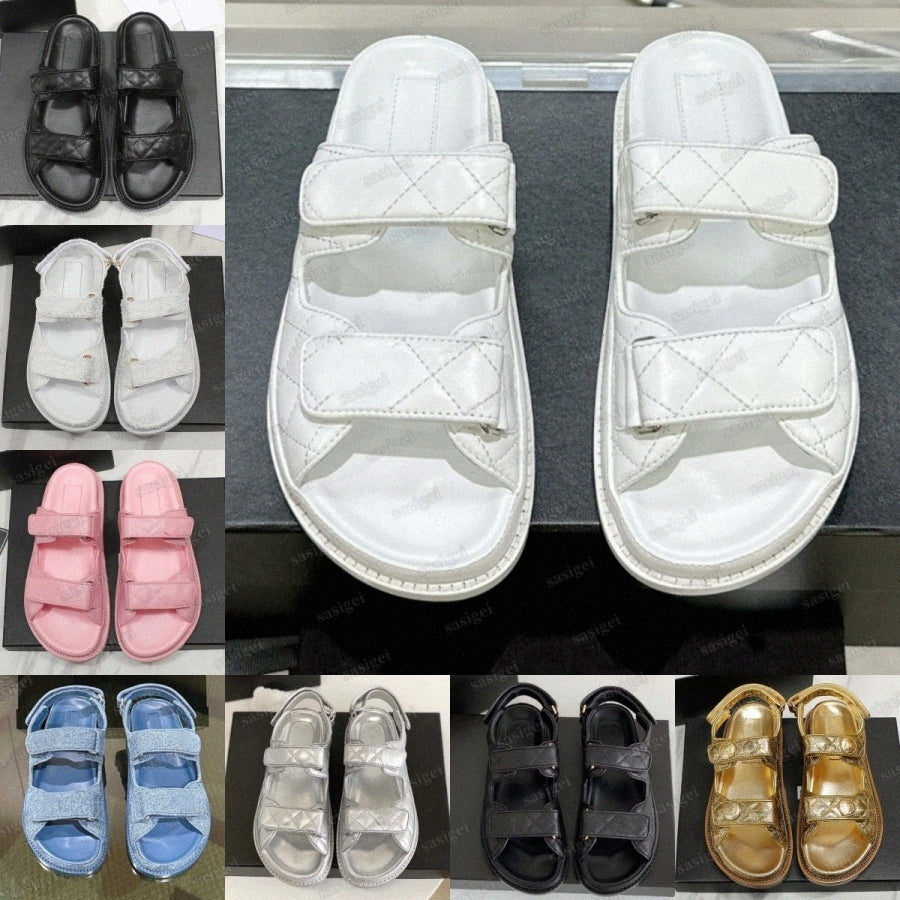 Designer Quilted Dad Sandal Tweed Womens Denim Sandals Sparkle Slingback Platform Women Black Leather Calf Summer Grandad Circular Beach Buckle Stra