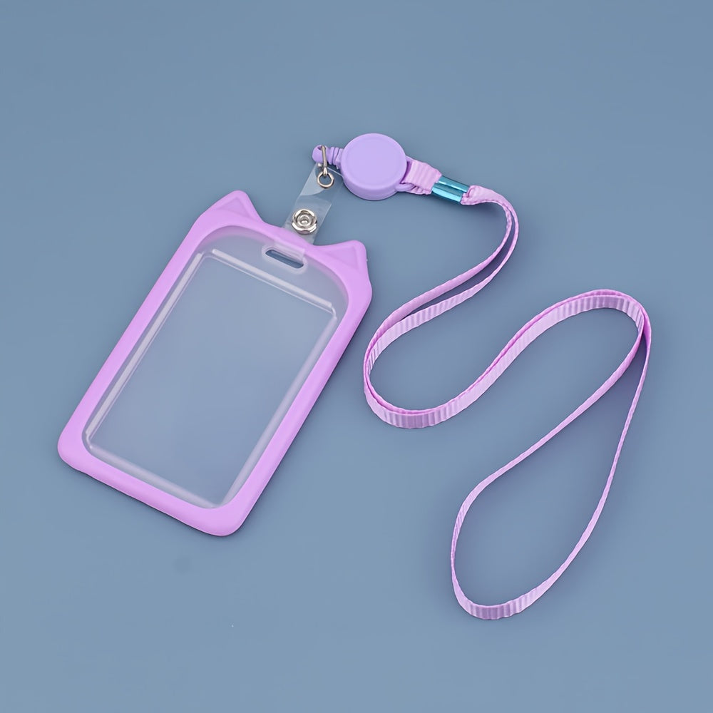 TEMU 1 Cat Ear Card Holder, Fashion Student Id Adult Employee Bus Card Work Certificate Access Card Rope Stretched Card Holder