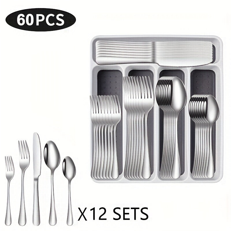 TEMU Set Of 60 Pieces Of Black And Silvery Cutlery Set With Drawer Storage Box, Suitable For 12 People, Including Knives, Forks, And Spoons -