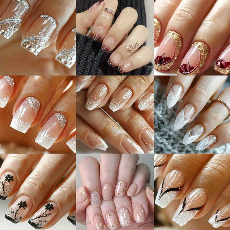 TEMU 216pcs (9pcs) Glossy Ballet Shaped Medium Length Nails - Gradient & Ombre Patterns In Nude And Pink Tones With Sparkling Glitter French Tips,