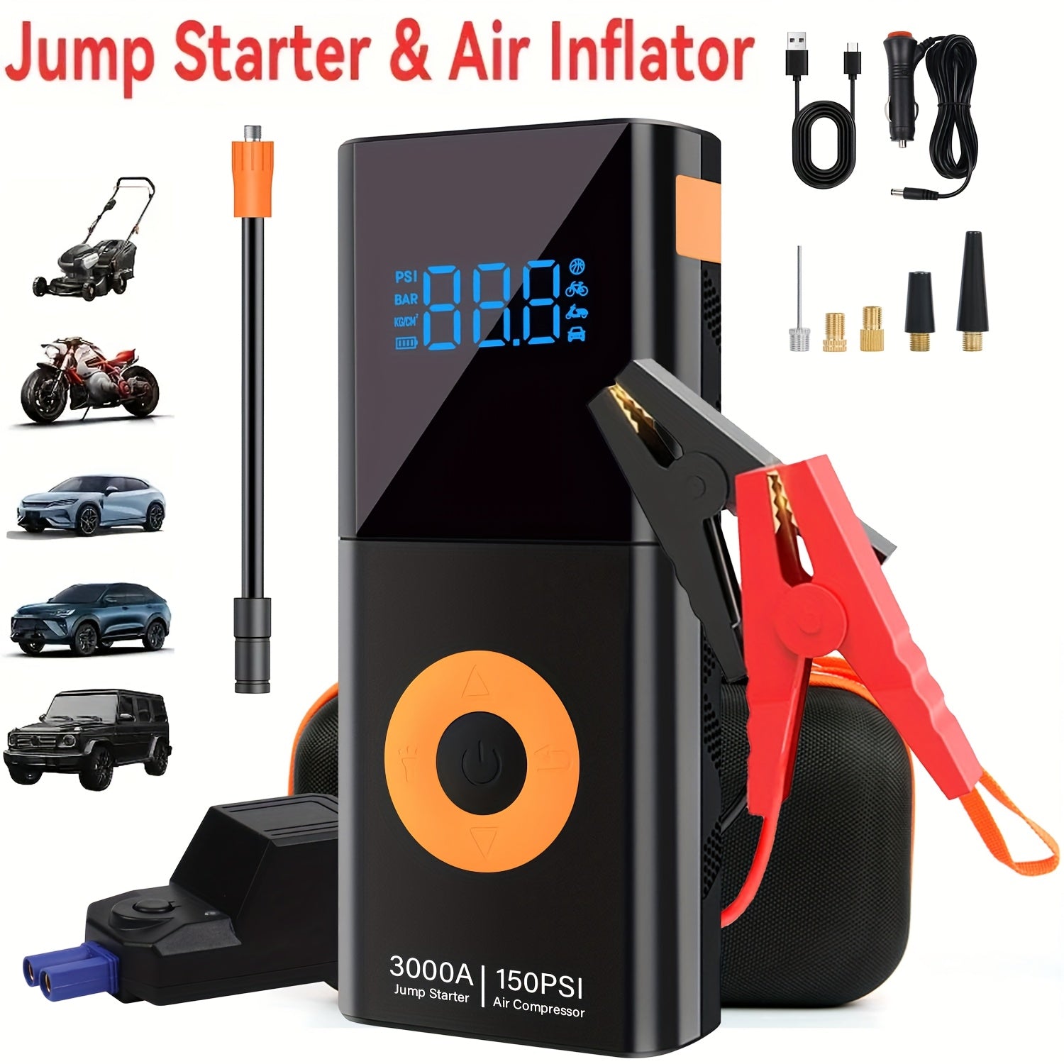 TEMU Jump Starter With Air Compressor, With Led Emergency Light, 3000a Power, 12v For Gas- Engines, Usb Input-output, Jump Starter For Car, Insulated