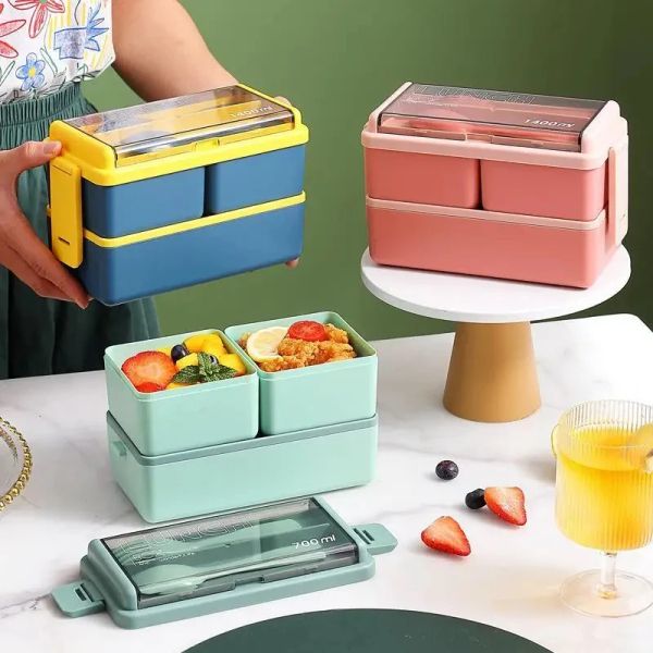 2 Layer Portable Leakproof Snack Lunch Bento Box Kid Student Microwave Dinnerware Fork Spoon Set Food Storage Container Office 0408