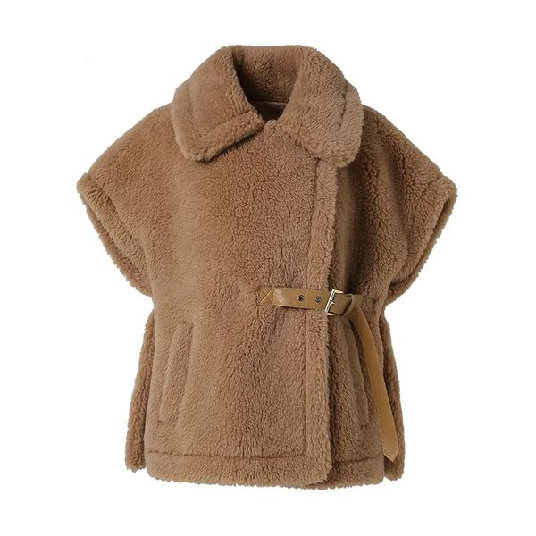 Faux Fur Teddy Vest | Stylish Winter Wool Short Coat With Leather Belt For Women B3