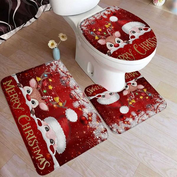 Cartoon Christmas Bath Mat Set Fun Santa Claus Elk Christmas Ball Red New Year Carpet Bathroom Decoration Door Carpet Toilet Cover M240829