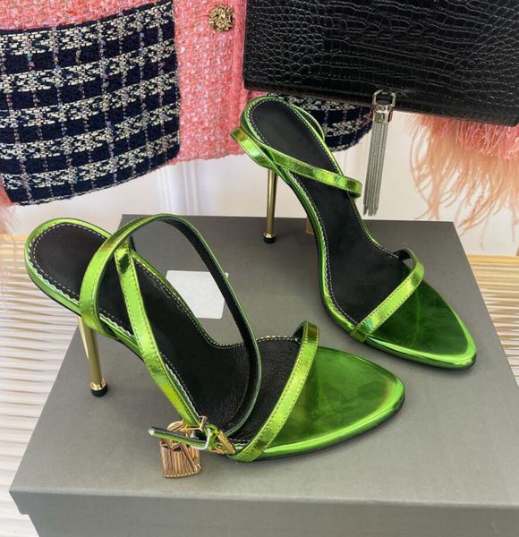 Shoes T for Lady wedding 105MM heeled sandal leather & black velvet suede lock shoes Padlock Pointy Naked Sandals ankle strap with buckle lu