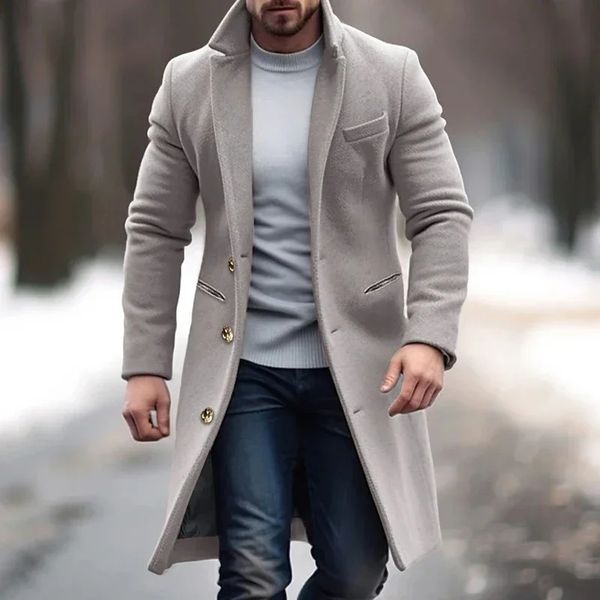 Mens Medium length Wool Coat Winter Mens Single breasted Wool Coat Mens Set Collar Solid Color Office Pocket Jacket 240926