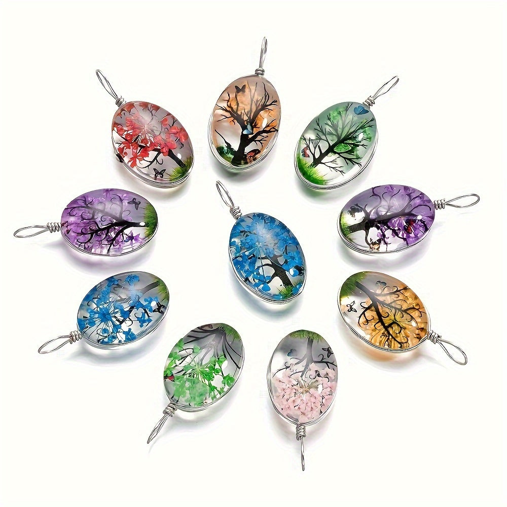 TEMU 10pcs Drop-shaped Pendant, Tree Of Life Transparent Glass Necklace, Bracelet Pendant Diy Handmade Eternal Flower Necklace, Earring Accessories