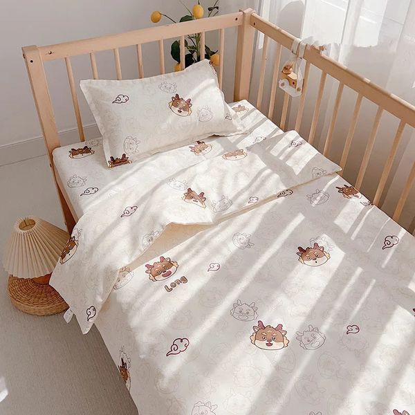 3Pcs Set Baby Crib Beddigns For born Infant Toddlers Cotton Cartoon Printing Duvet Cover Case Pillowcase Flat Sheet Bed en 240703