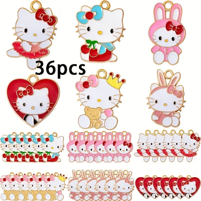 TEMU 36pcs For Hello Kitty Enamel Charms - Cute Cat-themed Alloy Pendants For Bracelets, Necklaces, Earrings & Crafts, Featuring Colors & Themes,