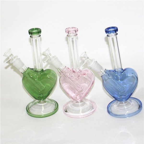 9 inch Heart Shape Pink Green Blue Color Hookahs Glass Bongs Water Pipes Dab Oil Rigs with 14mm Smoking Dry Herb Bowls Nectar Collector