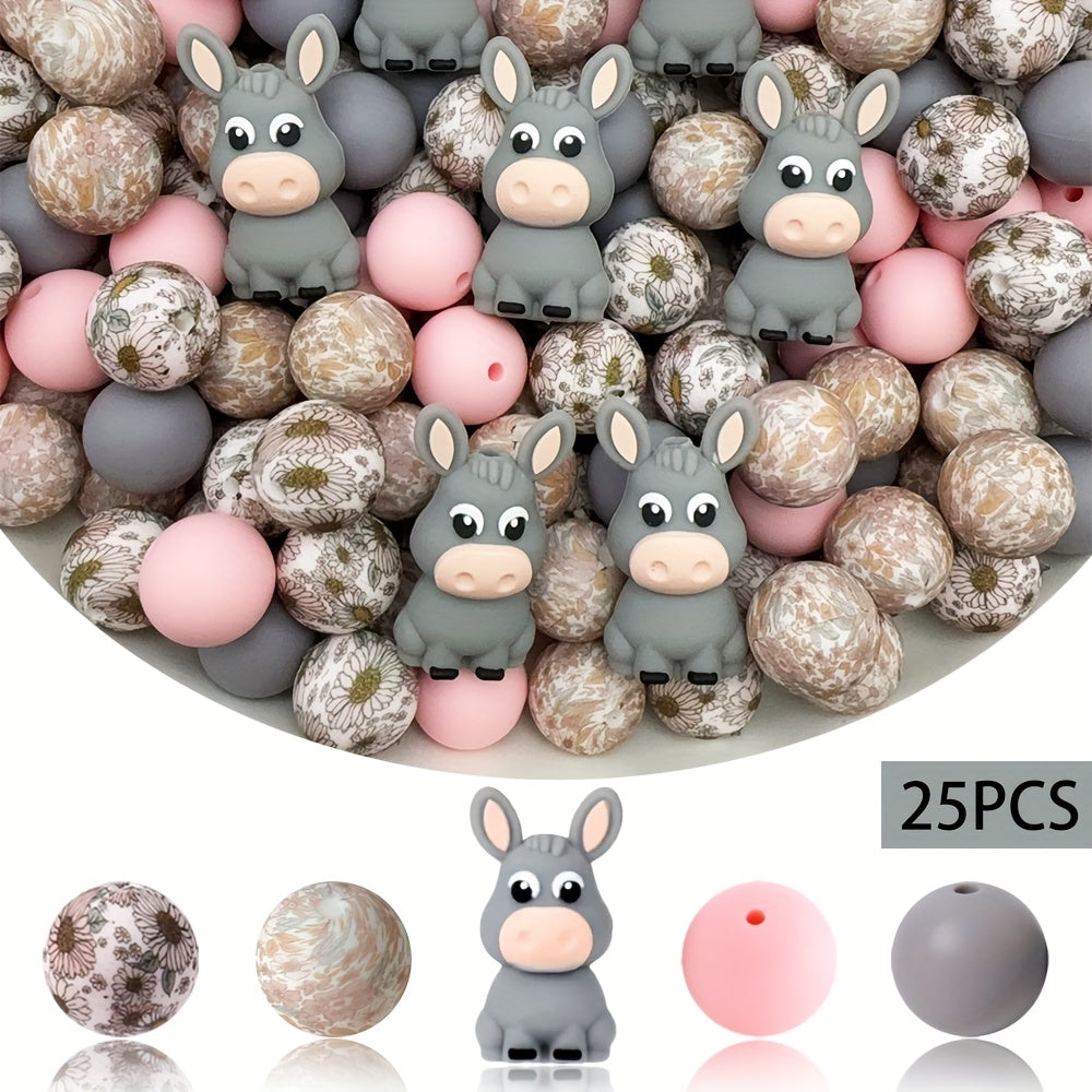 TEMU 25 Silicone Donkey Beads Set - 3d Gray Donkey Design, Colorful Loose Beads For Diy Crafts, Keychains, Bracelets, Necklaces, And Lanyards, Cute