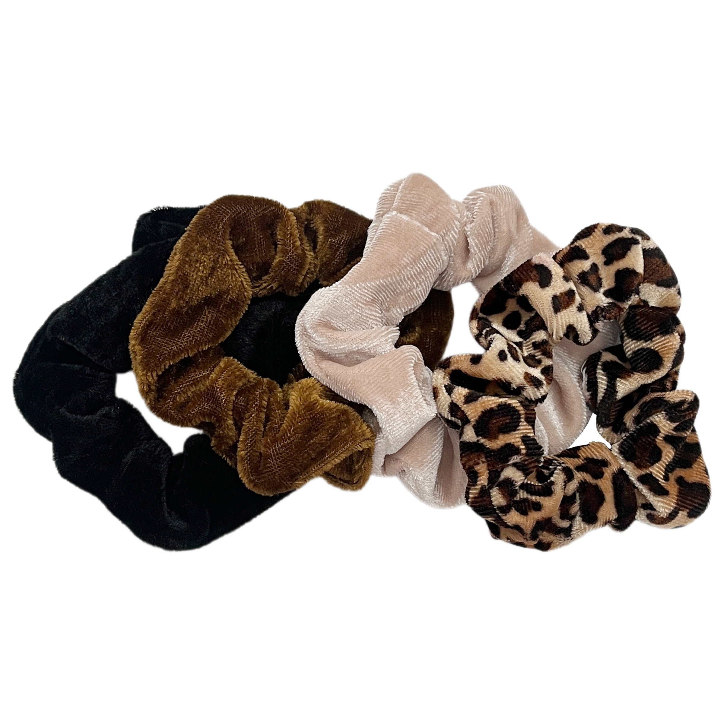 TEMU Elegant Fabric Hair Scrunchies Set Of 4 - Velvet Hair Bands With Leopard Print, Animal Patterned Hair Ties For Women, Soft Ponytail Holders In