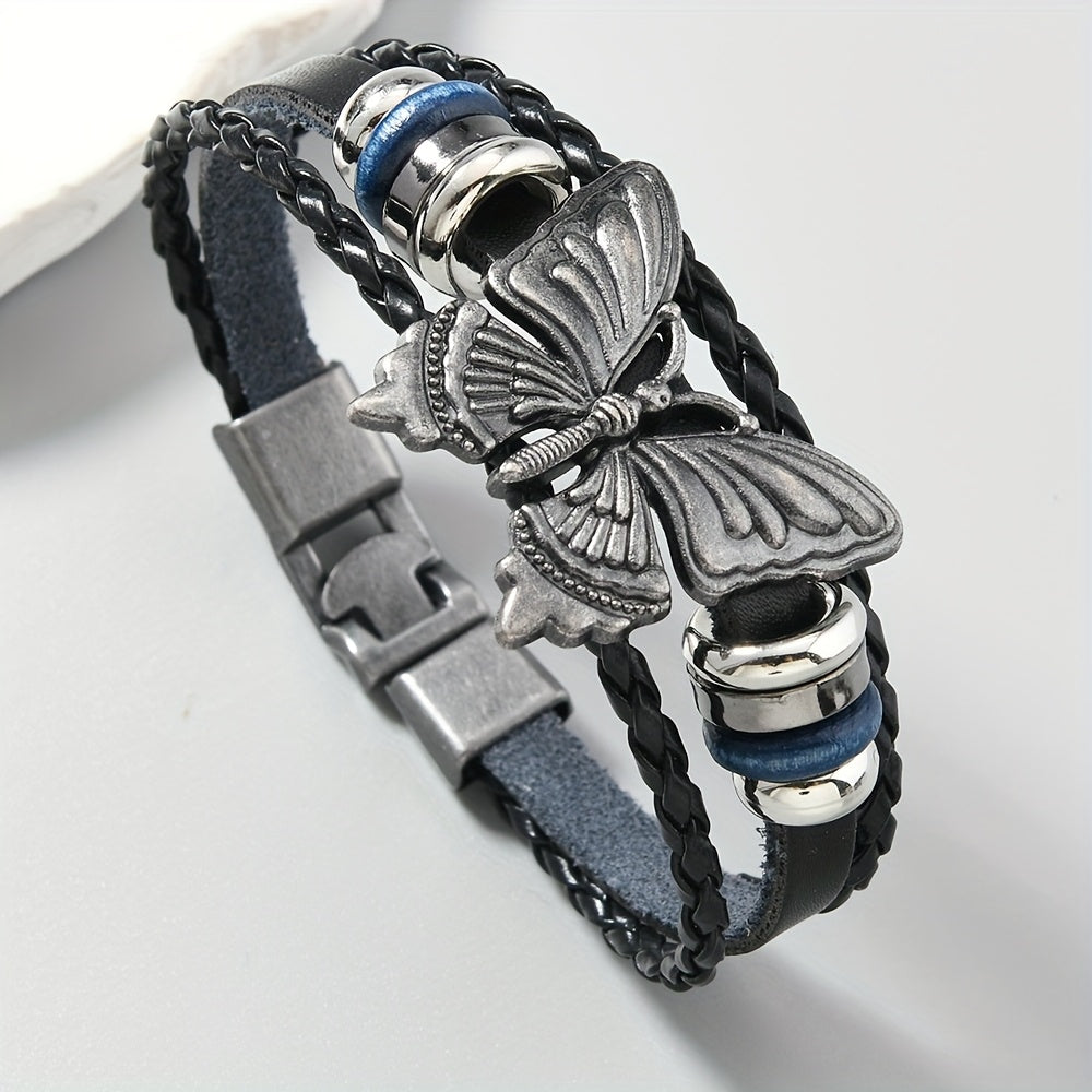 TEMU 1pc Bohemian Beaded Leather Bracelet - Antique Silvery Plated, Leather, Elegant Pendant With Black And Blue Beads, , For Men And Women, Casual