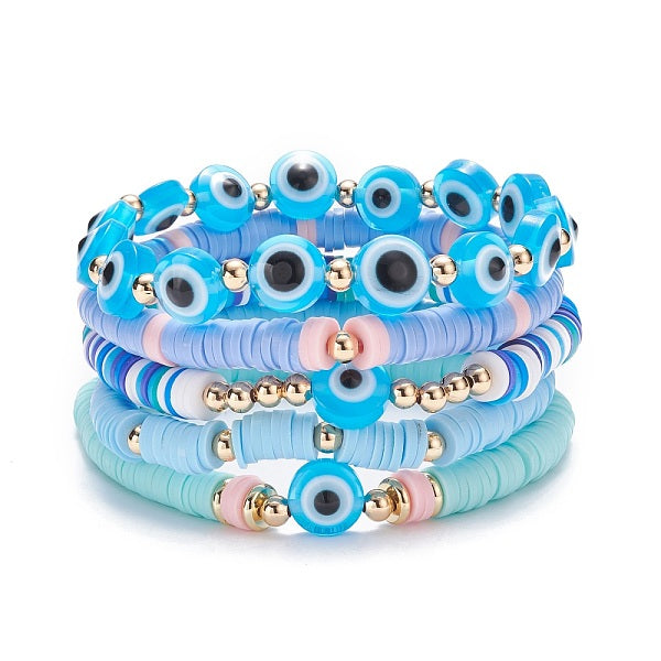 5Pcs 5 Style Polymer Clay Heishi Beaded Stretch Bracelets Set
