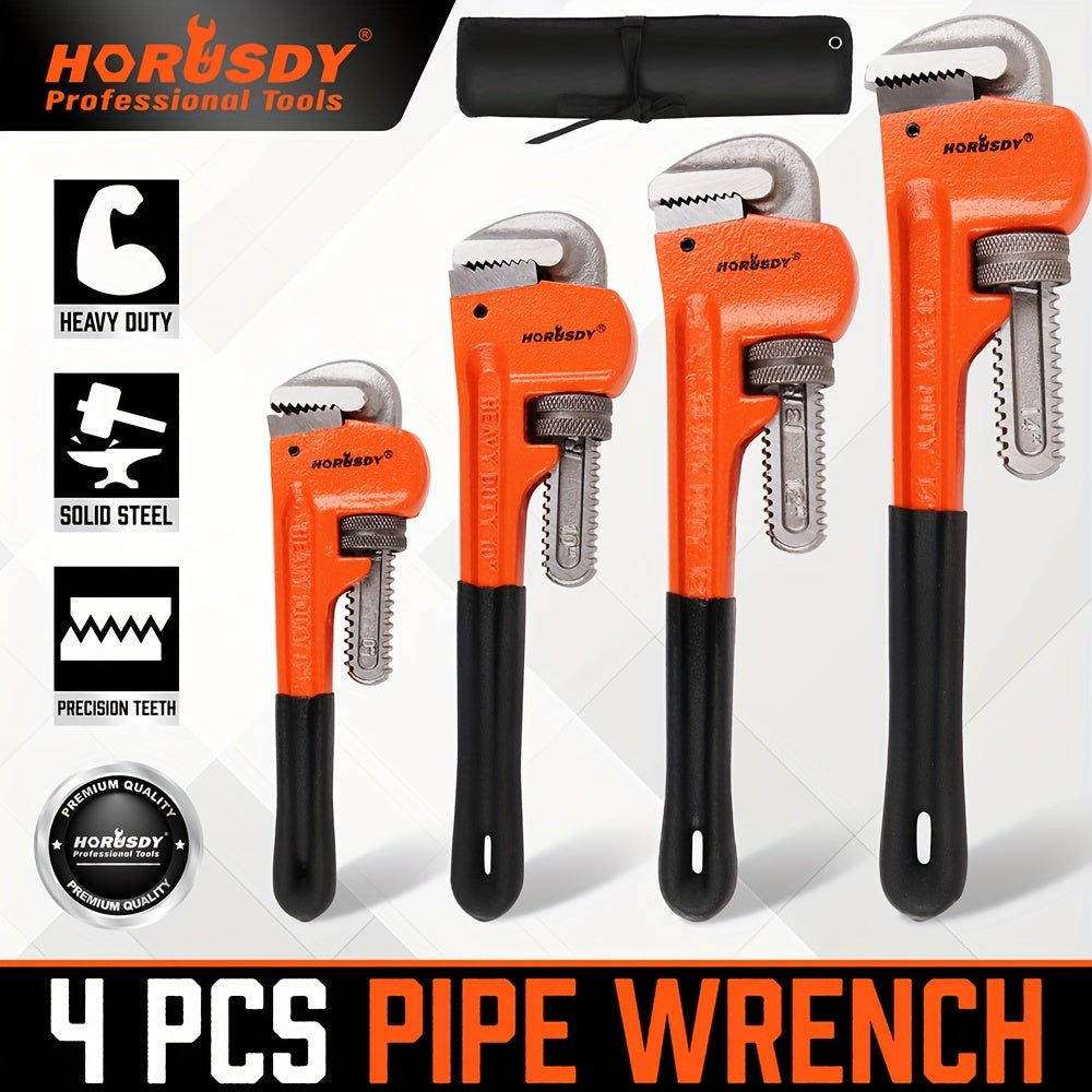 TEMU Horusdy 4 Pack Heavy Duty Pipe Wrench Set, Adjustable 8" 10" 12" 14" Plumbing Wrench Set With Storage Bag