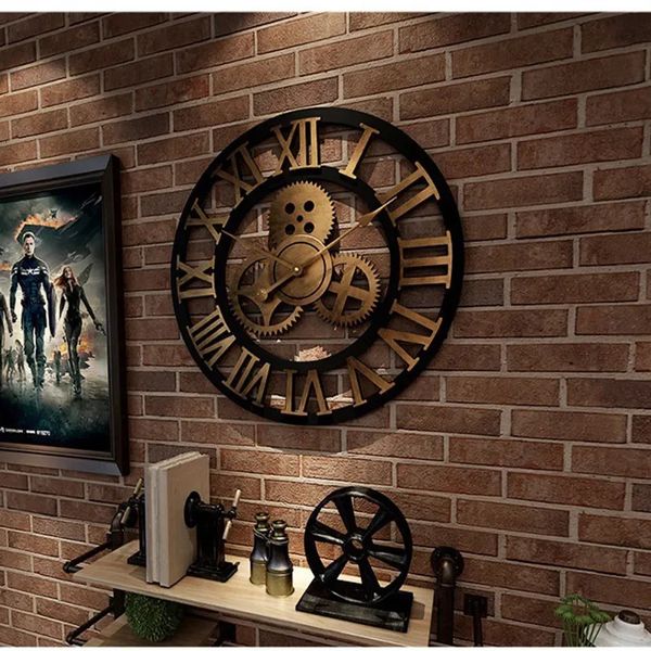 Retro Industrial Style Wall Clock European Wood Home Watch Decorative For Living Room Office Bar Art Decor Horologe 241121