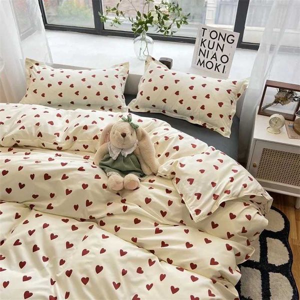 Korean Style Bedding Set Red Love Heart Duvet Cover Kids Adult Twin Full Queen Size Flat Sheet Pillowcase Bed Linen No FillerC241218