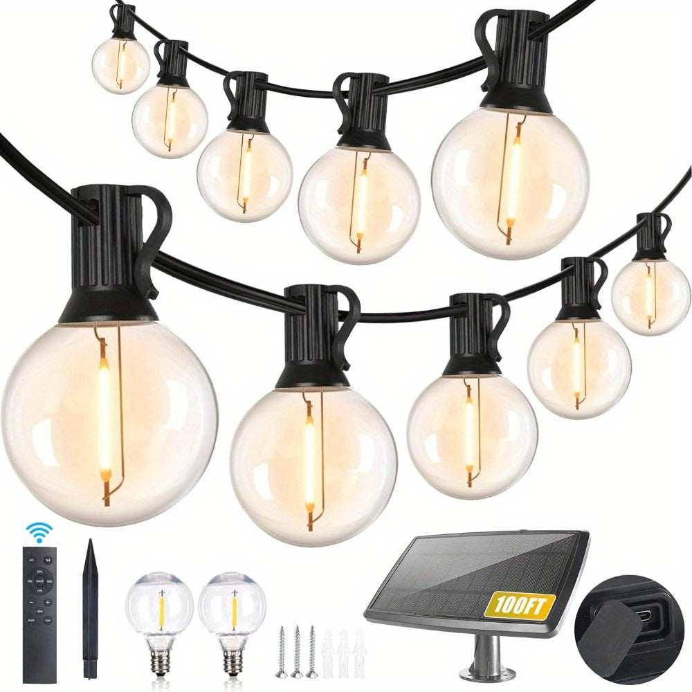 TEMU 100ft-200ft Solar String Lights With Remote, Outdoor Waterproof G40 Hanging Lights With 36-72 Shatterproof Led Bulbs, Dimmable Solar Powered