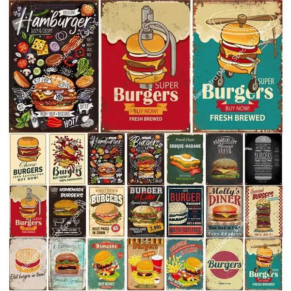 Retro Burger Metal Tin Logo Retro Fast Food Wall Decoration Kitchen Coffee Shop Restaurant Bar Iron Poster Board W241010