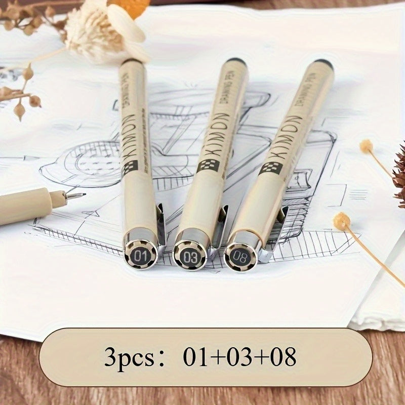 TEMU A Set Of 3 Black Fine-tip Pens In A Pack Of 12, Featuring Nib Sizes 3, 5, 7, 9, And 11, Suitable For Writing, Drawing, Or Journaling With Tip